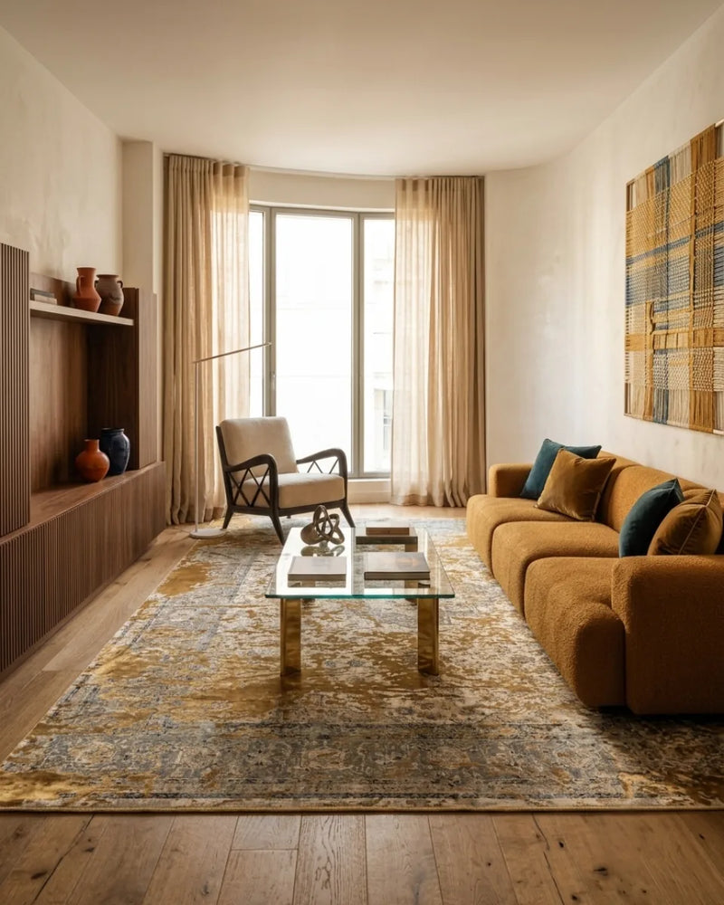 Bronze Court bamboo silk rug, room setting 1 in room setting