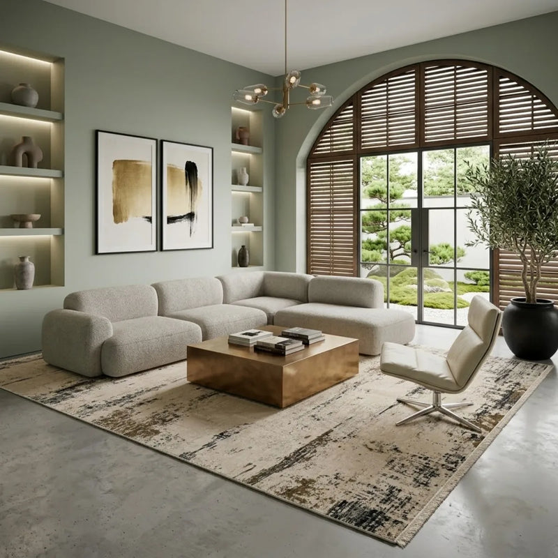 Driftwood bamboo silk rug, room setting 1 in room setting