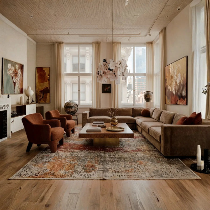 Ember Wash bamboo silk rug, room setting 1 in room setting