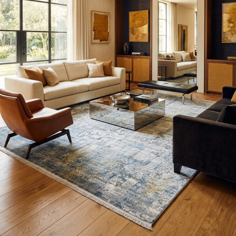Indigo & Gold bamboo silk rug, room setting 1 in room setting