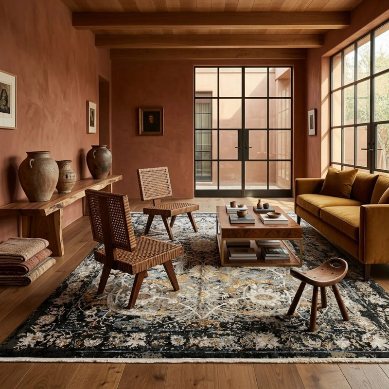 Mystic Floral bamboo silk rug, room setting 1 in room setting