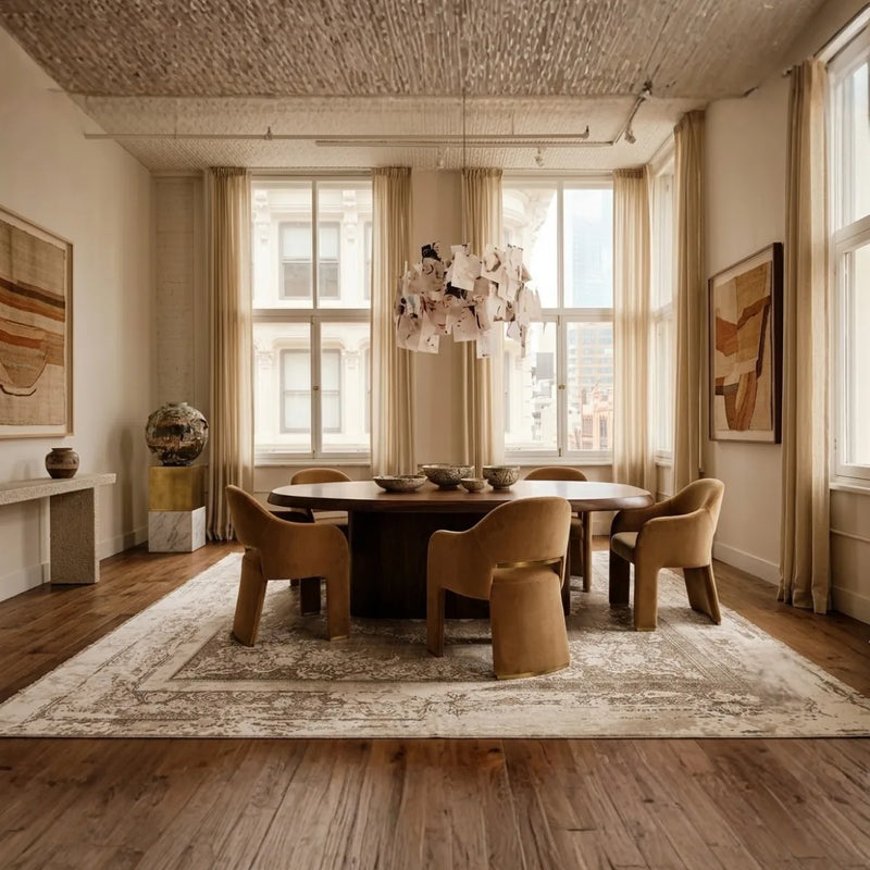 Oyster bamboo silk rug, room setting 1 in room setting
