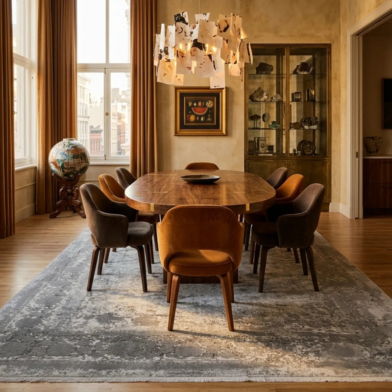 Pewter bamboo silk rug, room setting 1 in room setting