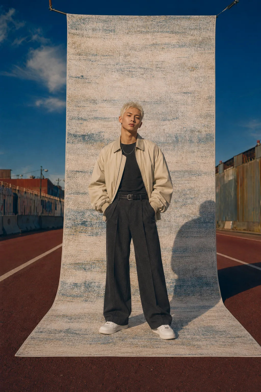 The Blue Drift bamboo silk rug displayed as a backdrop on a sunlit street