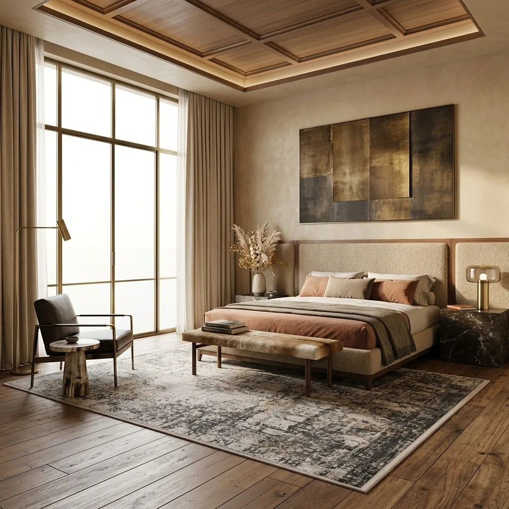 Ash & Ivory rug styled beside a bed