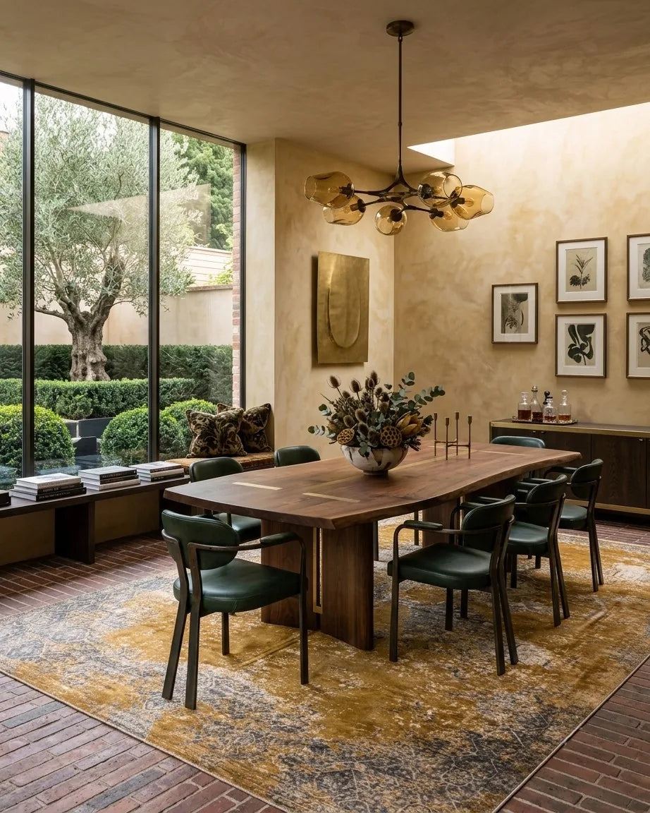 Old Gold rug styled under a dining table